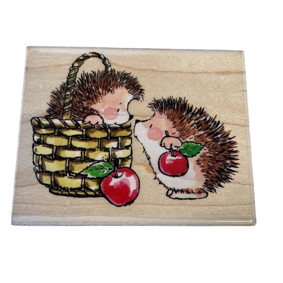 Hedgehog Rubber Stamp With Basket & Apples Wood Mounted Craft Tool - Picture 1 of 2